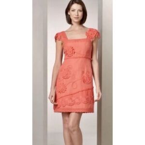 Anthropology Dress‎ Yoana Baraschi Linen Blend Coral  Lace & Floral Appliqué